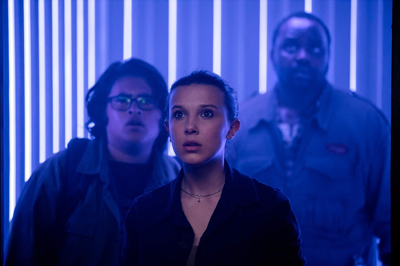 (L-r) JULIAN DENNISON as Josh Valentine, MILLIE BOBBY BROWN as Madison Russell and BRIAN TYREE HENRY as Bernie Hayes in Warner Bros. Pictures’ and Legendary Pictures’ action adventure “GODZILLA VS. KONG,” a Warner Bros. Pictures and Legendary Pictures release.