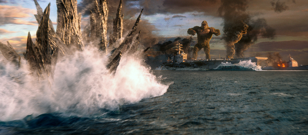 (L-r) GODZILLA fights KONG in Warner Bros. Pictures’ and Legendary Pictures’ action adventure “GODZILLA VS. KONG,” a Warner Bros. Pictures and Legendary release.