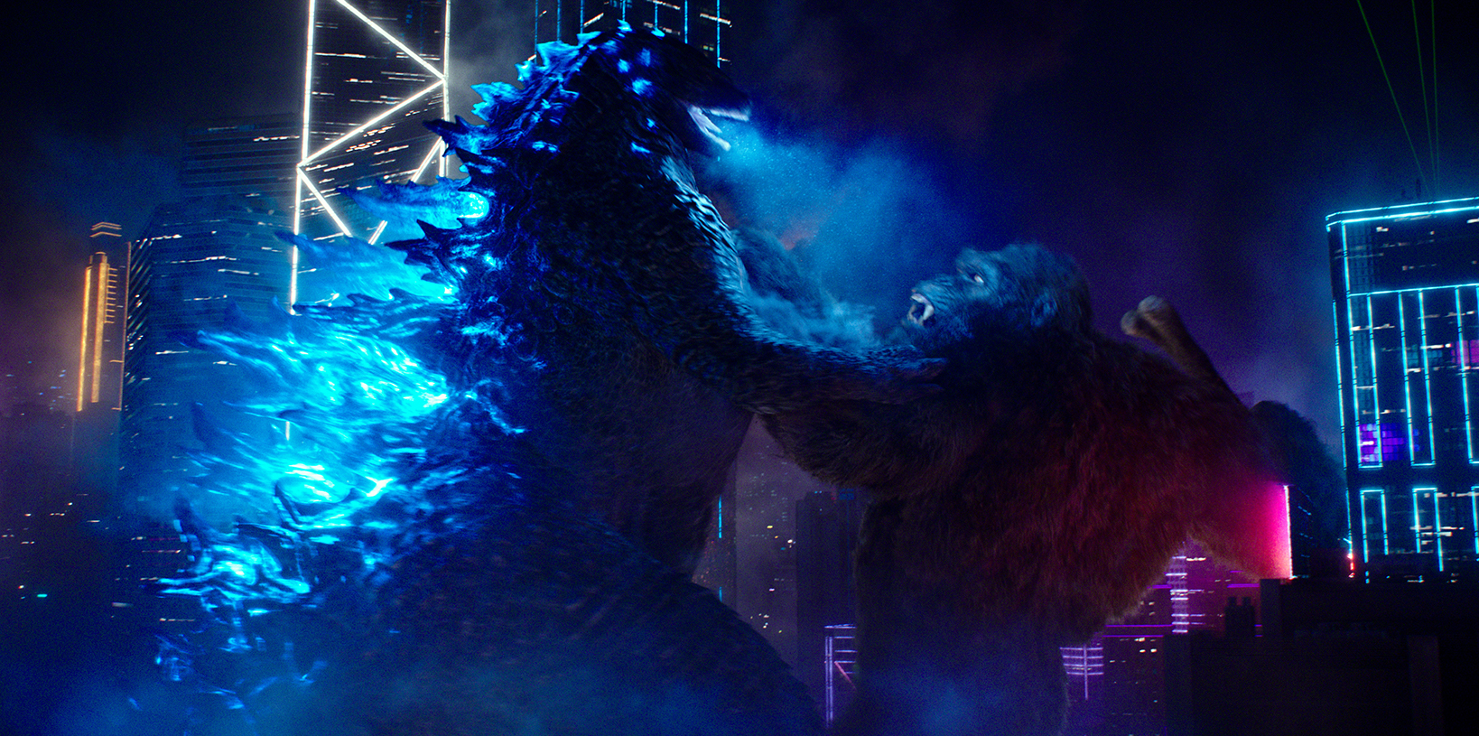 (L-r) GODZILLA battles KONG in Warner Bros. Pictures’ and Legendary Pictures’ action adventure “GODZILLA VS. KONG,” a Warner Bros. Pictures and Legendary Pictures release.