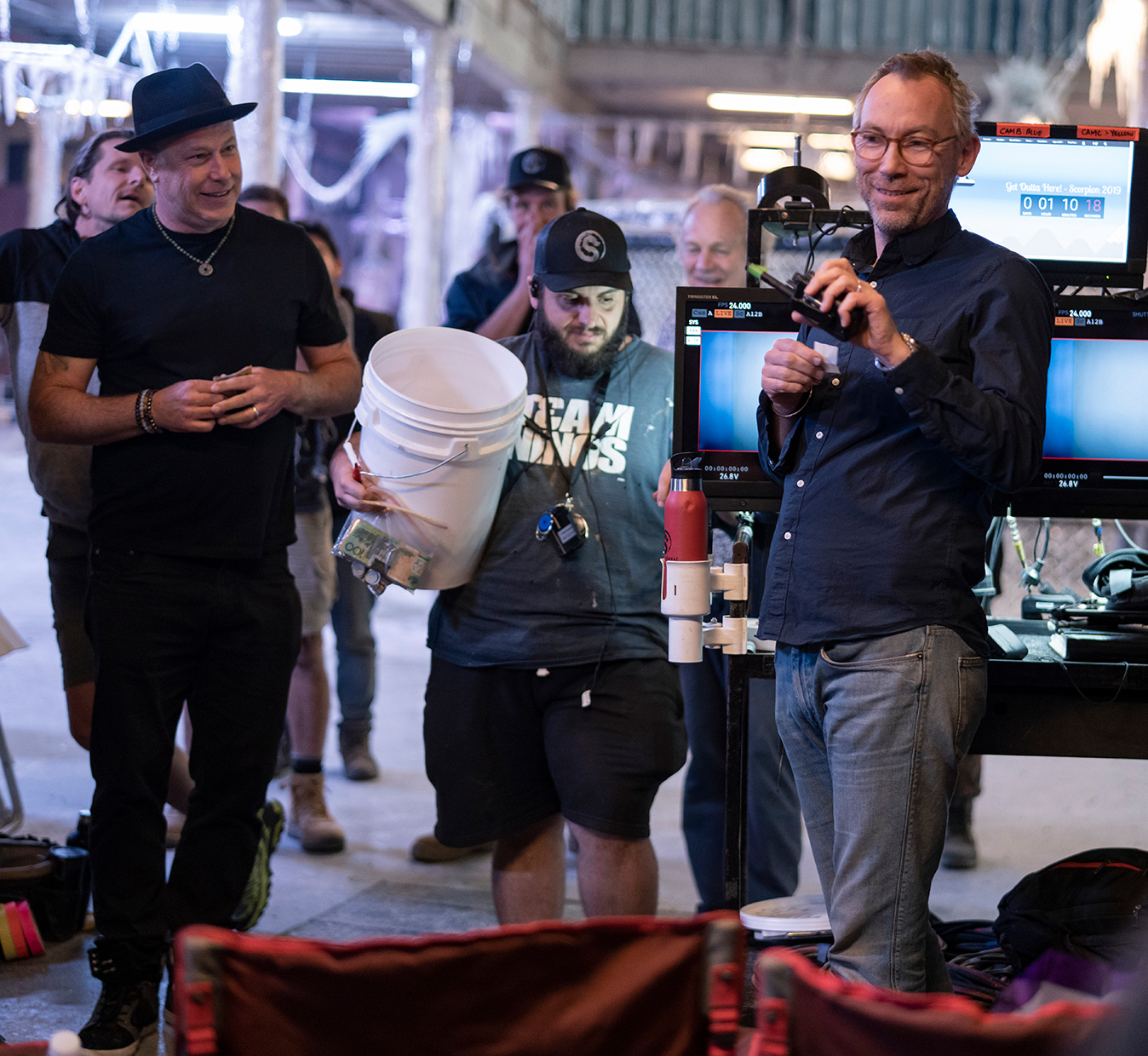 (Far Left) Producer TODD GARNER and Director/producer SIMON MCQUOID on the set of New Line Cinema’s action adventure “Mortal Kombat,” a Warner Bros. Pictures release.