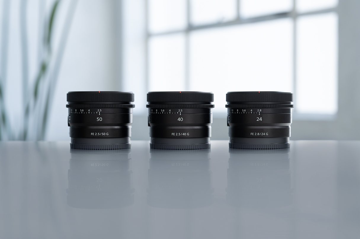 Sony FE 50 mm F2.5 G, FE 24mm F2.8 G, and FE 40mm F2.5 G