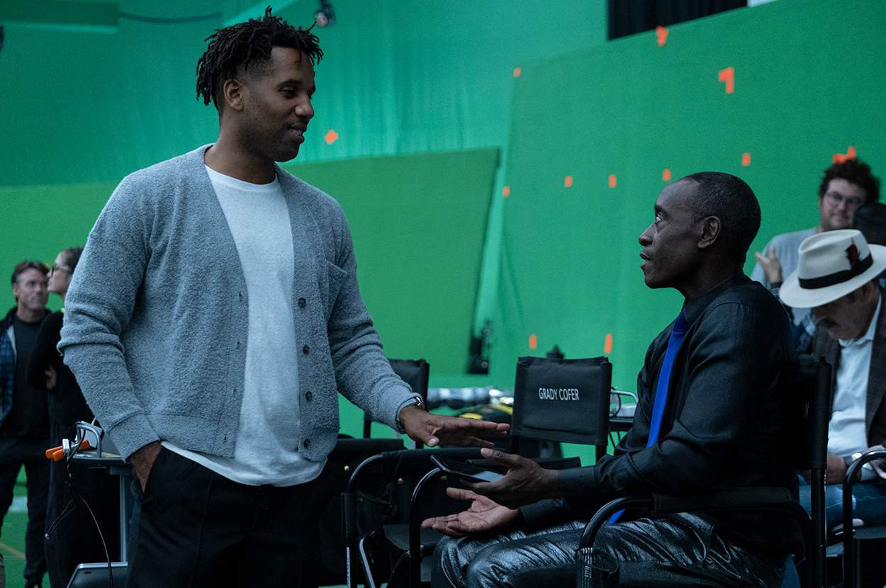 (L-r) Producer MAVERICK CARTER and DON CHEADLE on the set of Warner Bros. Pictures’ animated/live-action adventure “SPACE JAM: A NEW LEGACY,” a Warner Bros. Pictures release.