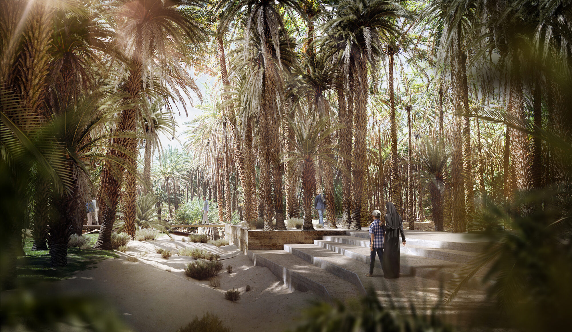 A 20km public realm to engage the community and visitors in the heritage of AlUla and the oasis Districts together from north to south while acting as the life-giving green belt of the masterplan.