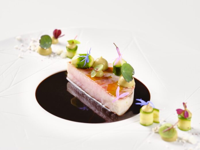 L’Oiseau Blanc - Red mullet cooked in tobacco leaf / zucchini flower with coffee / smoked eggplant / roasted fish gravy