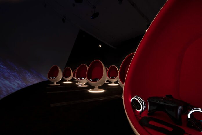 Headset, controllers and disposable VR mask at the VR Gallery at ArtScience Museum