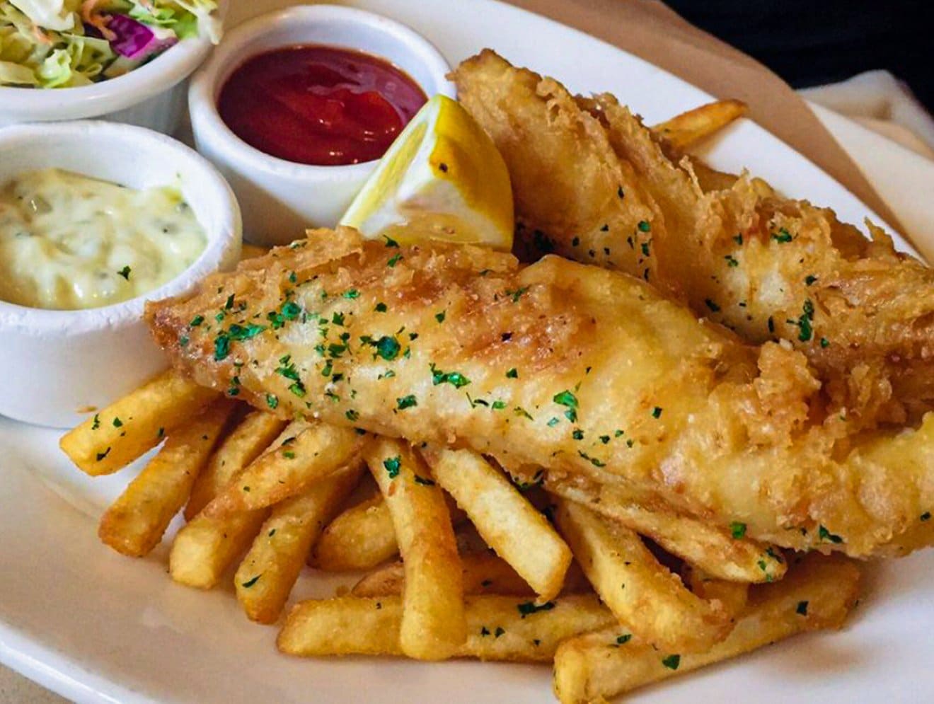 Atlantic Haddock Fish-n-Chips with sauce remoulade at The Rock & Rye at Sweetwater Music Hall