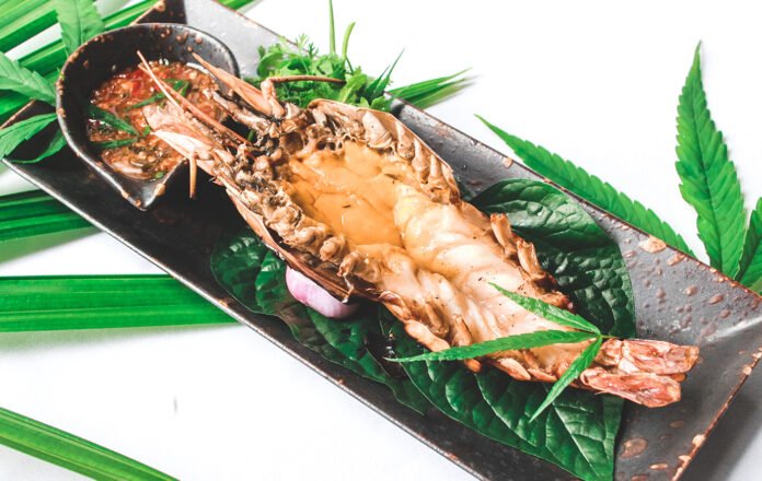 Grilled river prawn with spicy lime cannabis sauce - The Service 1921 Restaurant & Bar, Anantara Chiang Mai Resort