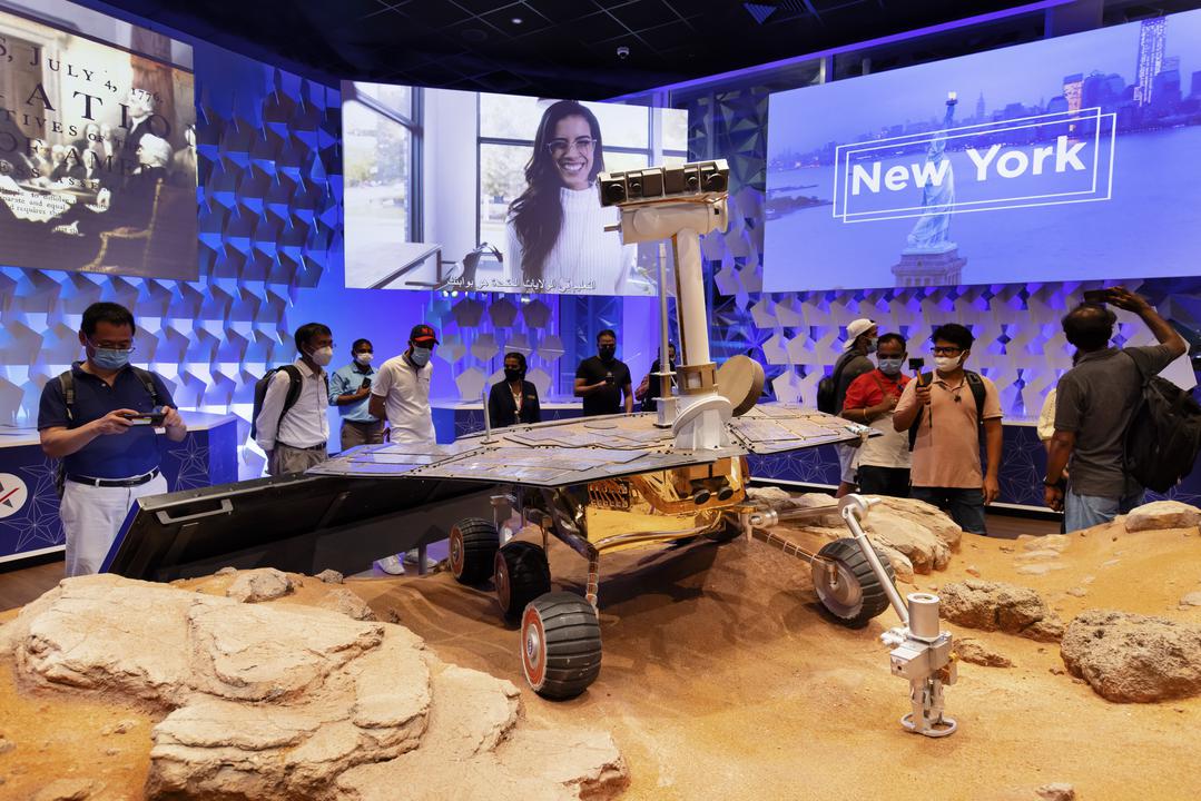  Interior image of the United States of America Pavilion with visitors, Expo 2020 Dubai. 