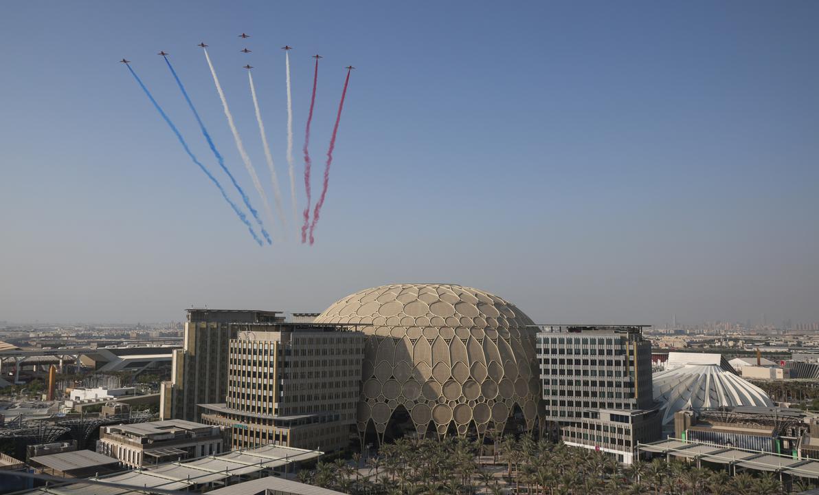 The Royal Air Force Red Arrows display at Expo 2020 Dubai