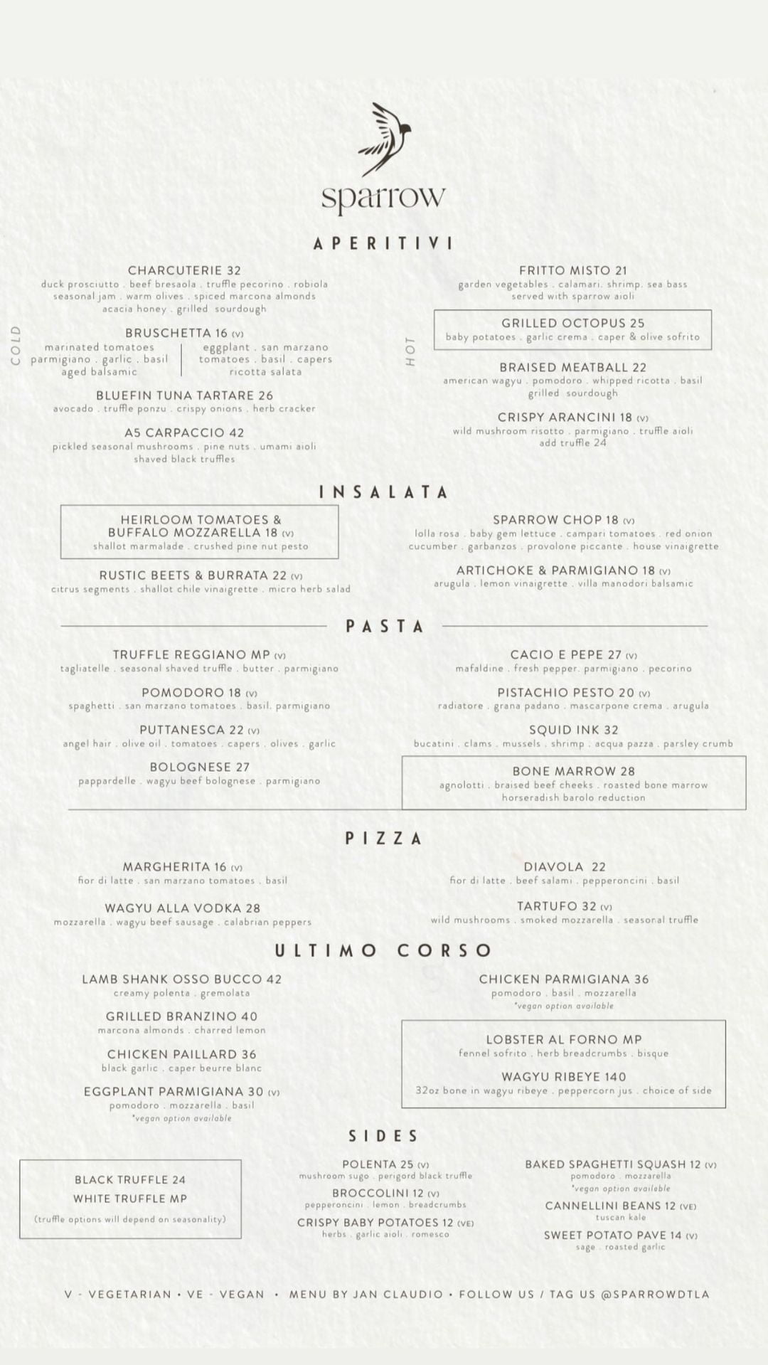 Sparrow Food Menu at Hotel Figueroa in Downtown Los Angeles