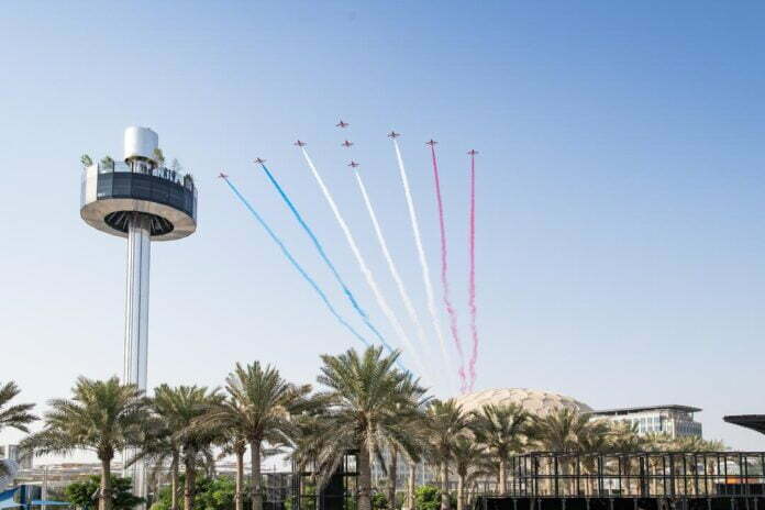 The Royal Air Force Aerobatic Team - The Red Arrows perform at Expo 2020 Dubai, Expo 2020 Dubai.
