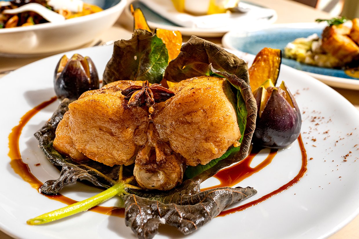 FIG & OLIVE - Monkfish in Fig Leaf Roasted Figs with Bone Marrow, Acorn Squash, Balsamic & Honey Sauce