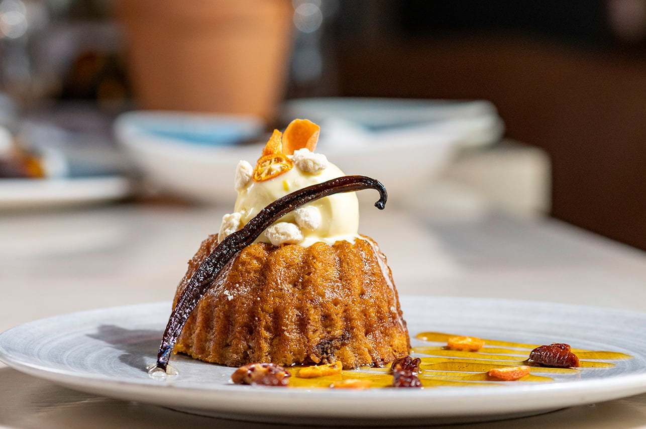 FIG & OLIVE - Pumpkin Bundt Cake Olive Oil Semifreddo, Apple Cider Caramel Sauce, Candied Pecan