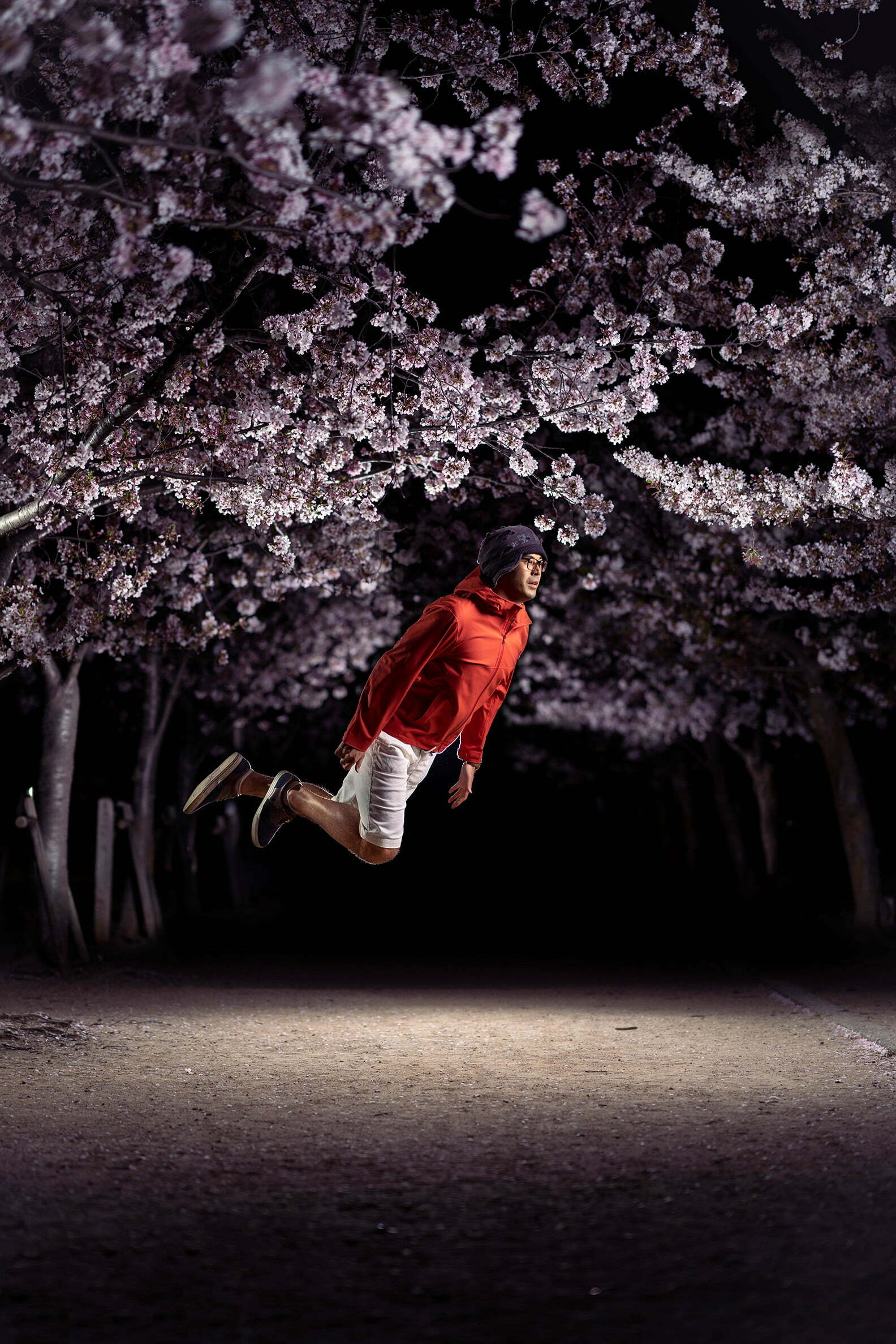 Night Floating at the Park - Photographer Name: Tomohiko Funai - In this self-portrait, there are no photoshop tricks. I froze my jumping motion by using a short flash duration on three separate flashes. Additional lights were used to highlight the cherry blossoms. The shot was taken at Koyaike Park in Hyogo, Japan, in April 2021.
