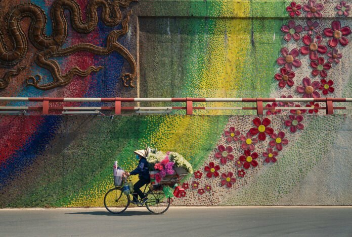 Bike with Flowers - Photographer Name: Thanh Nguyen Phuc. A hundred years ago there were just 36 streets and now there are many more, but the street culture remains strong in Hanoi. There are lots of shops in the main streets but people in the old streets prefer to get serviced by mobile street vendors. I spent a weekend following street vendors and found that they were walking or riding their bikes all day. Here is one of my favourite moments. Copyright: © Thanh Nguyen Phuc, Vietnam, Winner, Open, Travel, 2022 Sony World Photography Awards