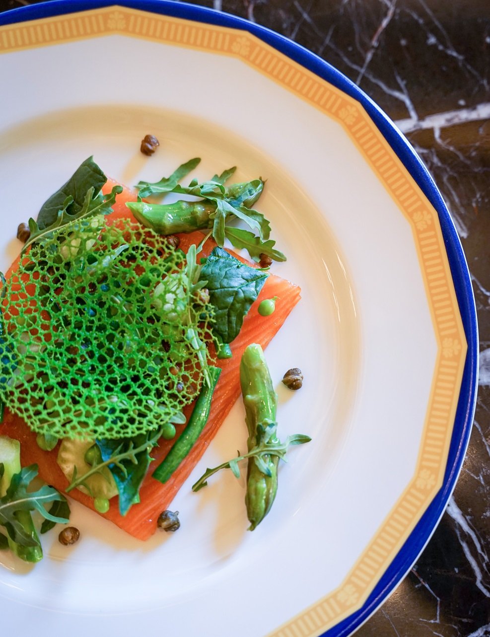 Shamrock Salad of green veggies, smoked salmon, and Irish pub cheese