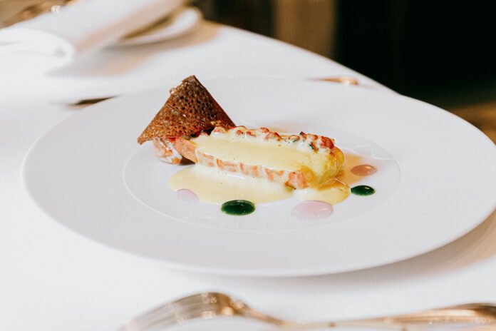 Langoustine with Warm Mayonnaise and Crunchy Buckwheat Pancake from 8-course 20 Years of Excellence menu from Le Cinq Restaurant - Four Seasons Hotel George V, Paris