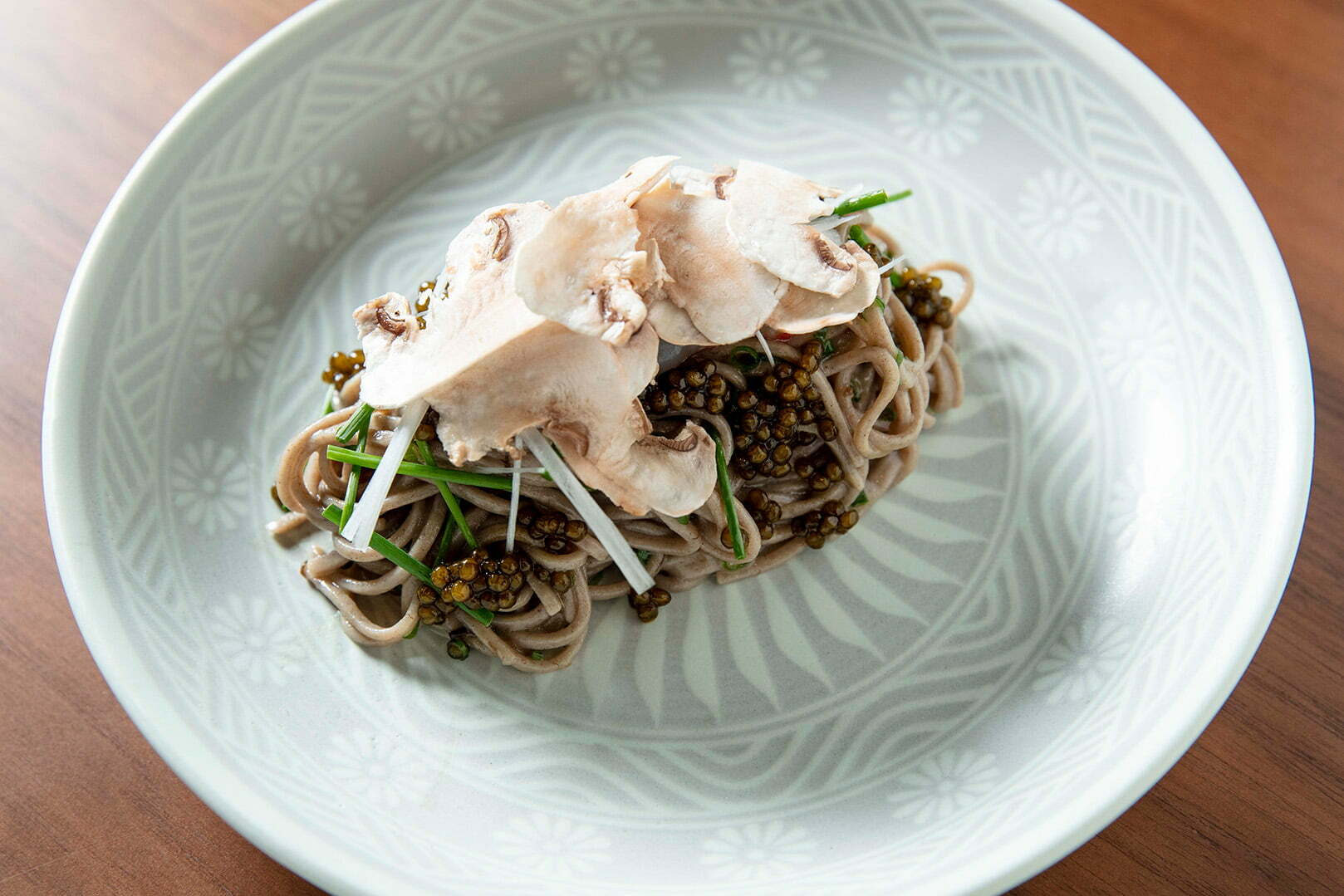 WAKUDA Cold Soba with Truffles, Botan Shrimp, Shaved Mushroom, Caviar