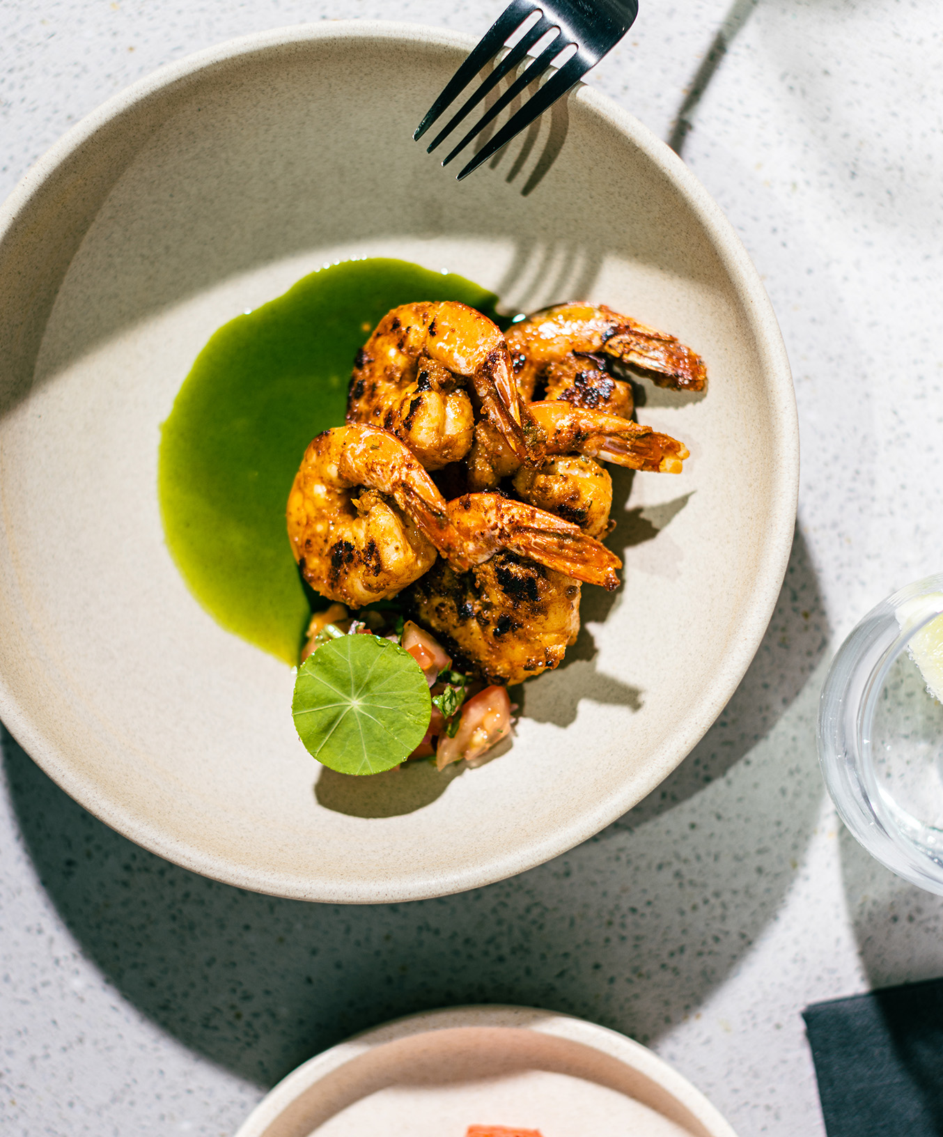 Pan-fried prawns, spiked red onion jalapeno