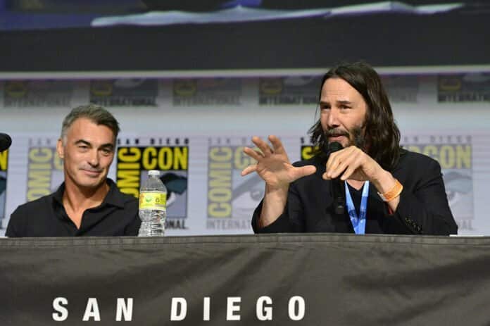 SAN DIEGO, CALIFORNIA - JULY 22: (L-R) Chad Stahelski and Keanu Reeves speak onstage during "Collider": Directors On Directing Panel At Comic-Con at San Diego Convention Center on July 22, 2022 in San Diego, California.