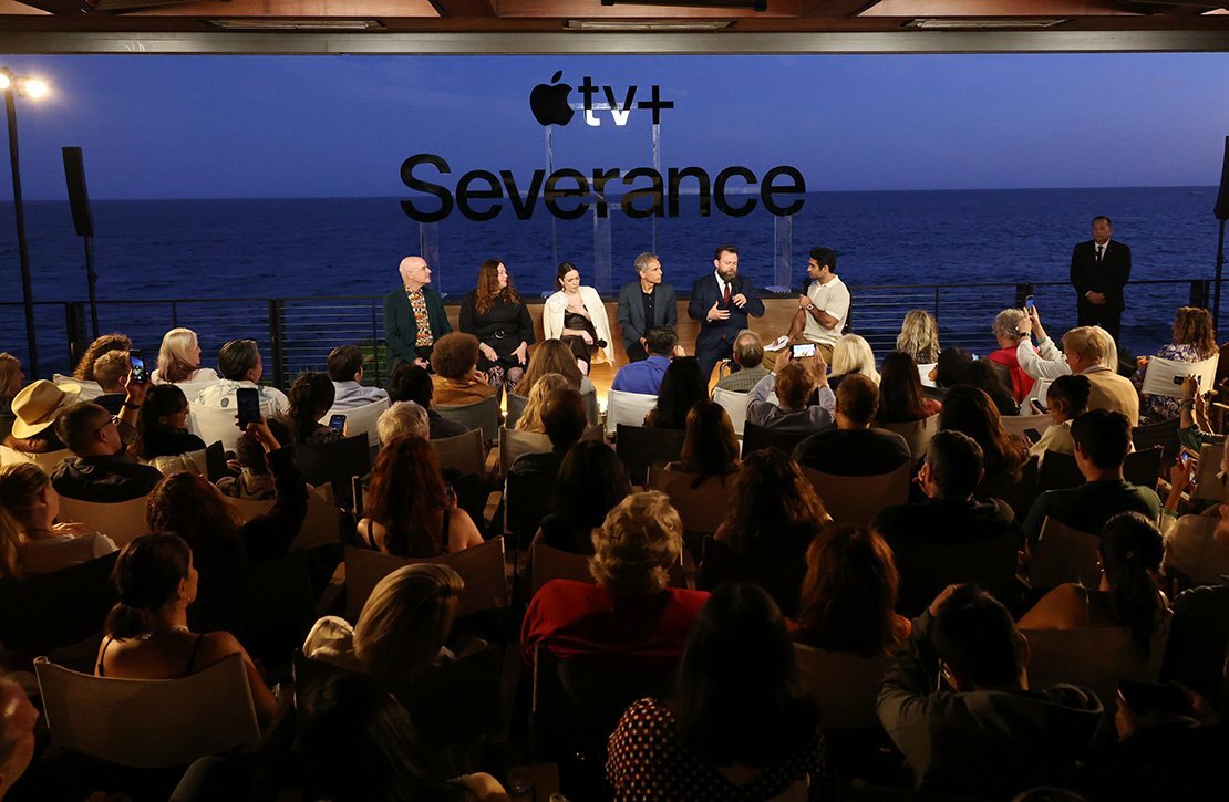 Andrew Baseman, Rachel Tenner, Jen Tullock, Ben Stiller, Dan Erickson and Kumail Nanjiani attend the “Severance” FYC Emmy Q&A event in Malibu.
