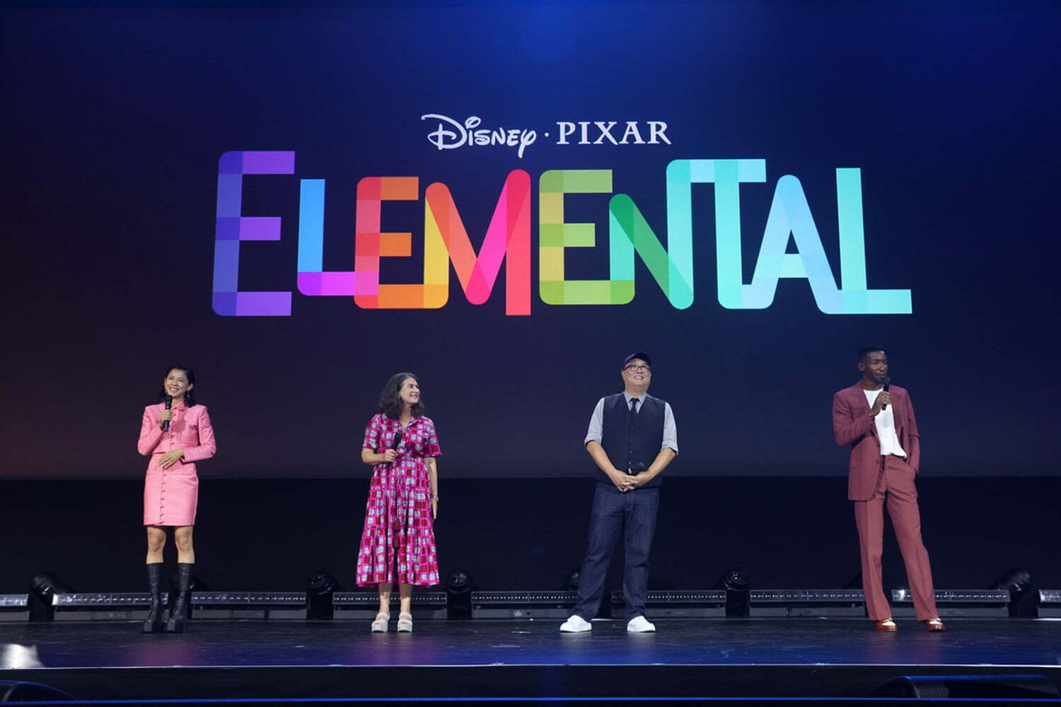 (L-R) Leah Lewis, Denise Ream, Peter Sohn, Vice President, Creative, of Pixar Animation Studios, and Mamoudou Athie speak onstage during D23 Expo 2022 at Anaheim Convention Center in Anaheim, California on September 09, 2022. (