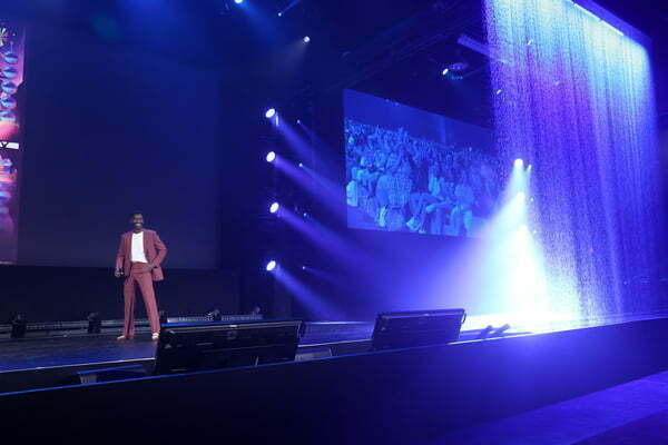 Mamoudou Athie speaks onstage during D23 Expo 2022 at Anaheim Convention Center in Anaheim, California on September 09, 2022. (Photo by Jesse Grant/Getty Images for Disney)