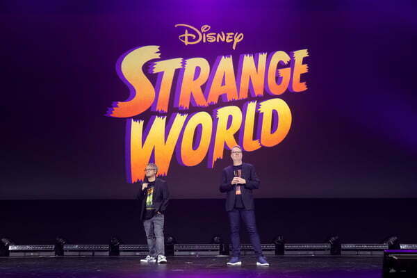 (L-R) Qui Nguyen and Don Hall speak onstage during D23 Expo 2022 at Anaheim Convention Center in Anaheim, California on September 09, 2022.