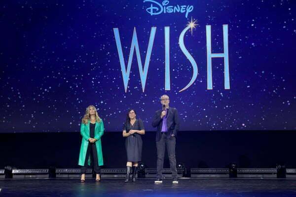 (L-R) Jennifer Lee, CCO of Walt Disney Animation Studios, Fawn Veerasunthorn, Chris Buck speak onstage during D23 Expo 2022 at Anaheim Convention Center in Anaheim, California on September 09, 2022.