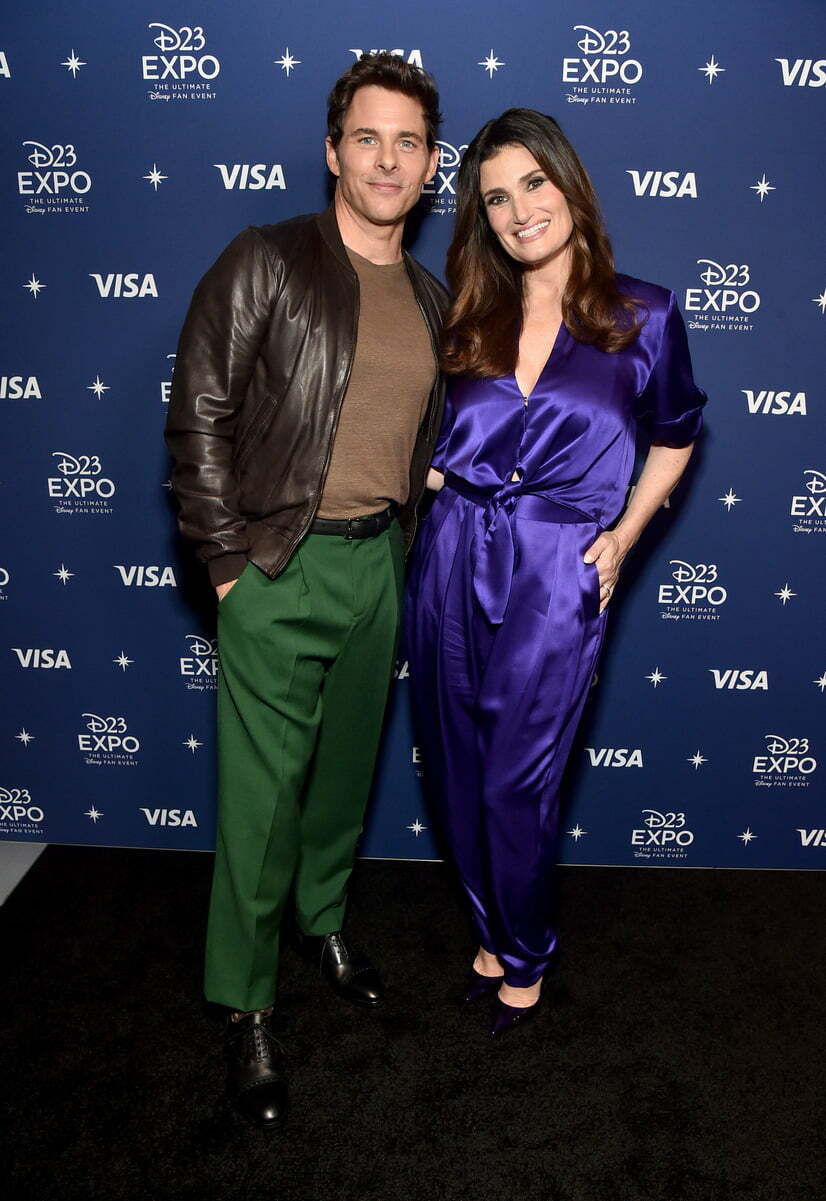 (L-R) James Marsden and Idina Menzel attend D23 Expo 2022 at Anaheim Convention Center in Anaheim, California on September 09, 2022