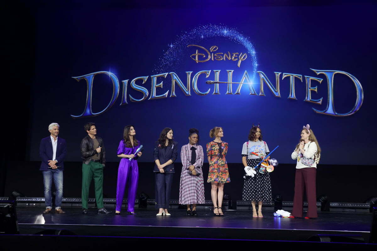 (L-R) Patrick Dempsey, James Marsden, Idina Menzel, Gabriella Baldacchino, Yvette Nicole Brown, Jayma Mays, Maya Rudolph, and Amy Adams speak onstage during D23 Expo 2022 at Anaheim Convention Center in Anaheim, California on September 09, 2022