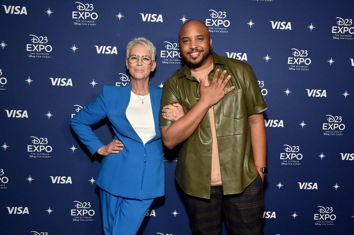 (L-R) Jamie Lee Curtis and Justin Simien attend D23 Expo 2022 at Anaheim Convention Center in Anaheim, California on September 09, 2022.