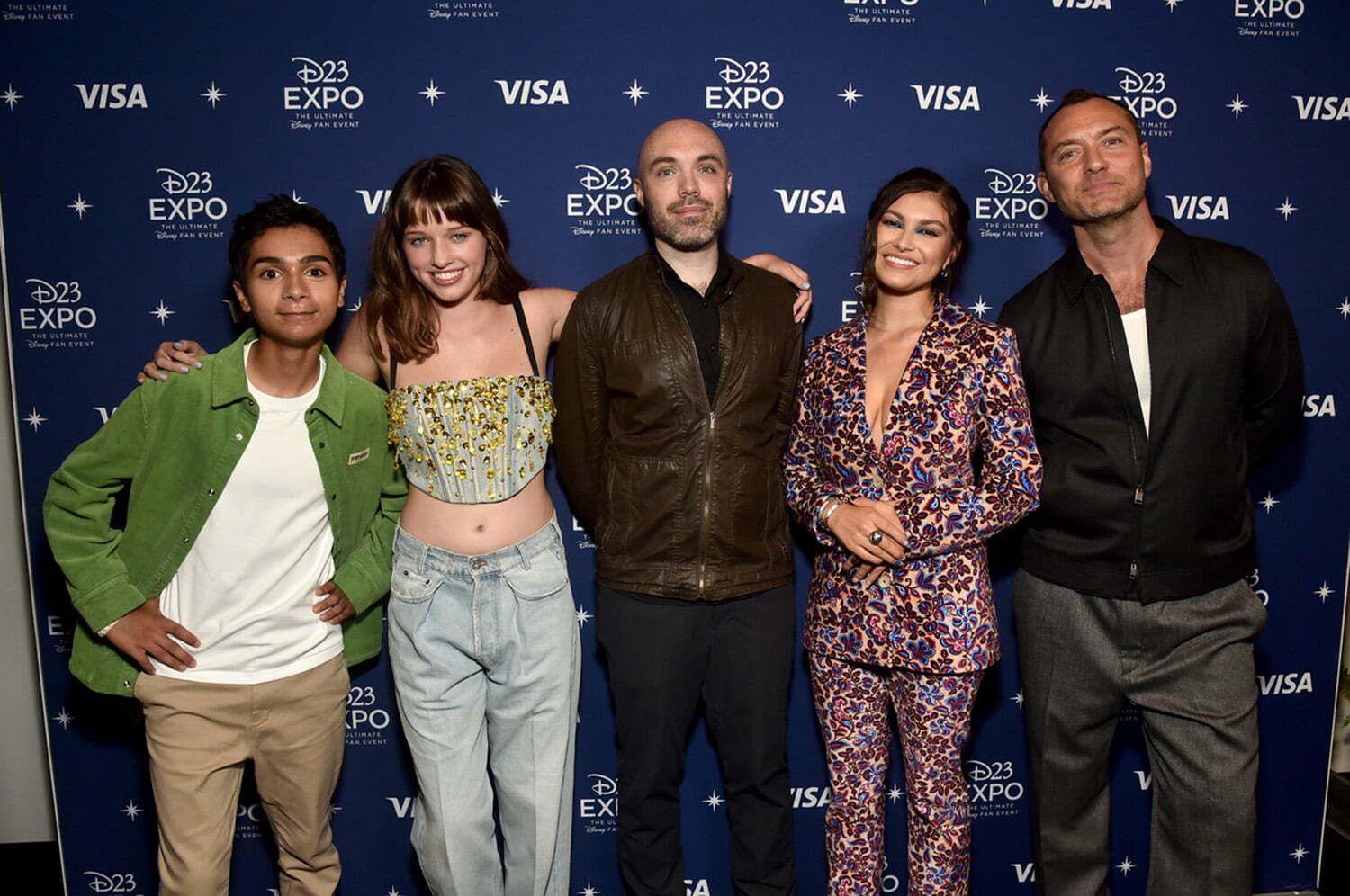 (L-R) Alexander Molony, Ever Anderson, David Lowery, Alyssa Wapanatâhk, and Jude Law attend D23 Expo 2022 at Anaheim Convention Center in Anaheim, California on September 09, 2022.