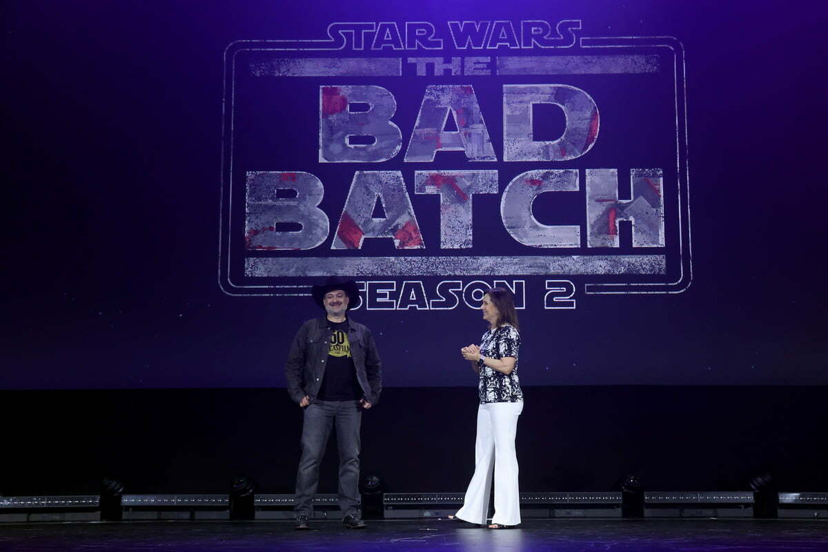 (L-R) Dave Filoni and Kathleen Kennedy, President of Lucasfilm, speak onstage during D23 Expo 2022 at Anaheim Convention Center in Anaheim, California on September 10, 2022.