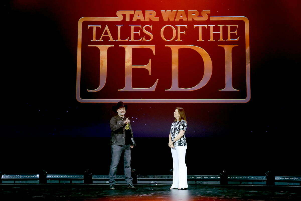 (L-R) Dave Filoni and Kathleen Kennedy, President of Lucasfilm, speak onstage during D23 Expo 2022 at Anaheim Convention Center in Anaheim, California on September 10, 2022.