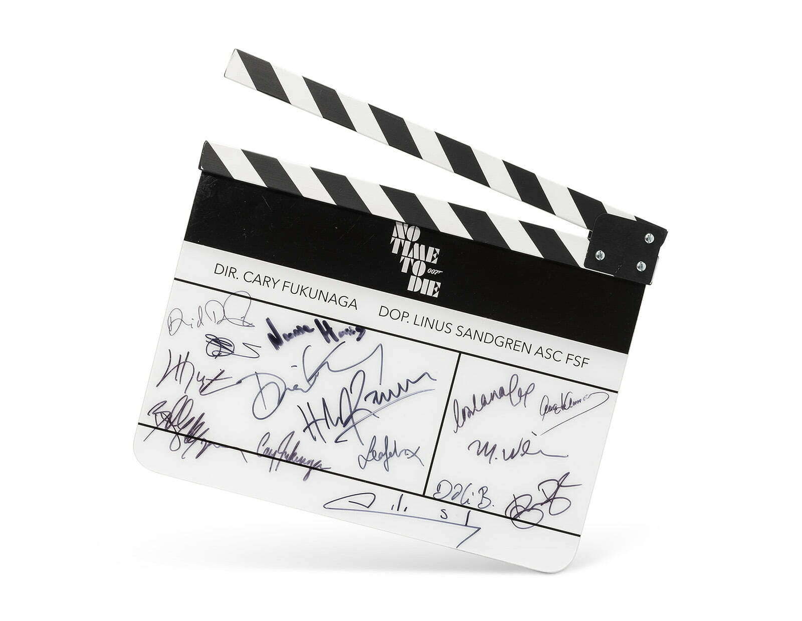NO TIME TO DIE (2021) A SIGNED NO TIME TO DIE CLAPPERBOARD Signed in black marker by Cary Joji Fukunaga, Daniel Craig, Michael G. Wilson, Barbara Broccoli, Lashana Lynch, Léa Seydoux, Ana de Armas, David Dencik, Dali Benssalah, Naomie Harris, Linus Sandgren, Billy Magnussen, Hans Zimmer, Billie Eilish and Finneas O’Connell