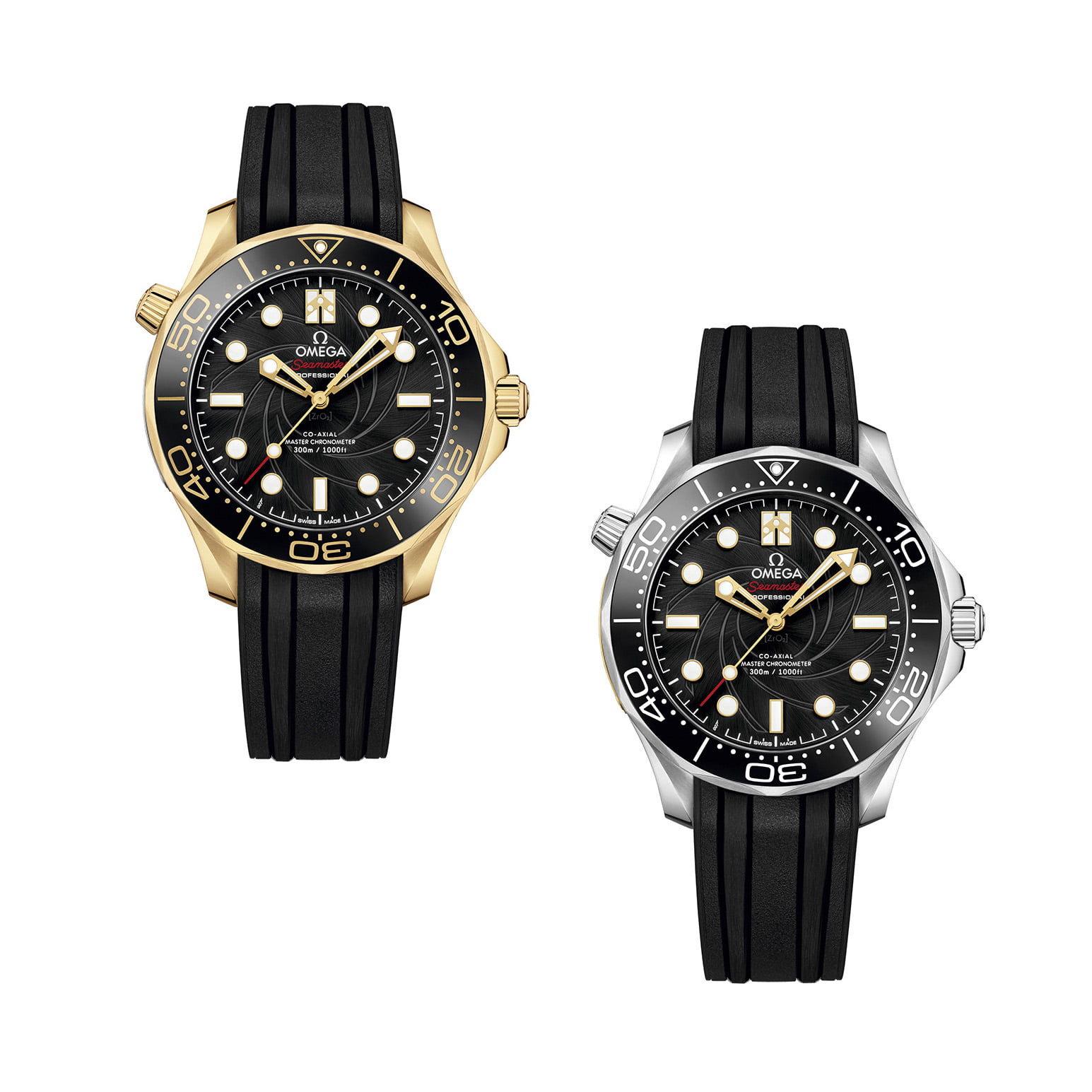OMEGA, A SET OF TWO LIMITED EDITION ON HER MAJESTY'S SECRET SERVICE 50TH ANNIVERSARY AUTOMATIC WRISTWATCHES, ONE CASED IN YELLOW GOLD, THE OTHER, STAINLESS STEEL, PRESENTED IN A FITTED GLOBE-TROTTER CASE, THE DUST COVER SIGNED BY GEORGE LAZENBY 
