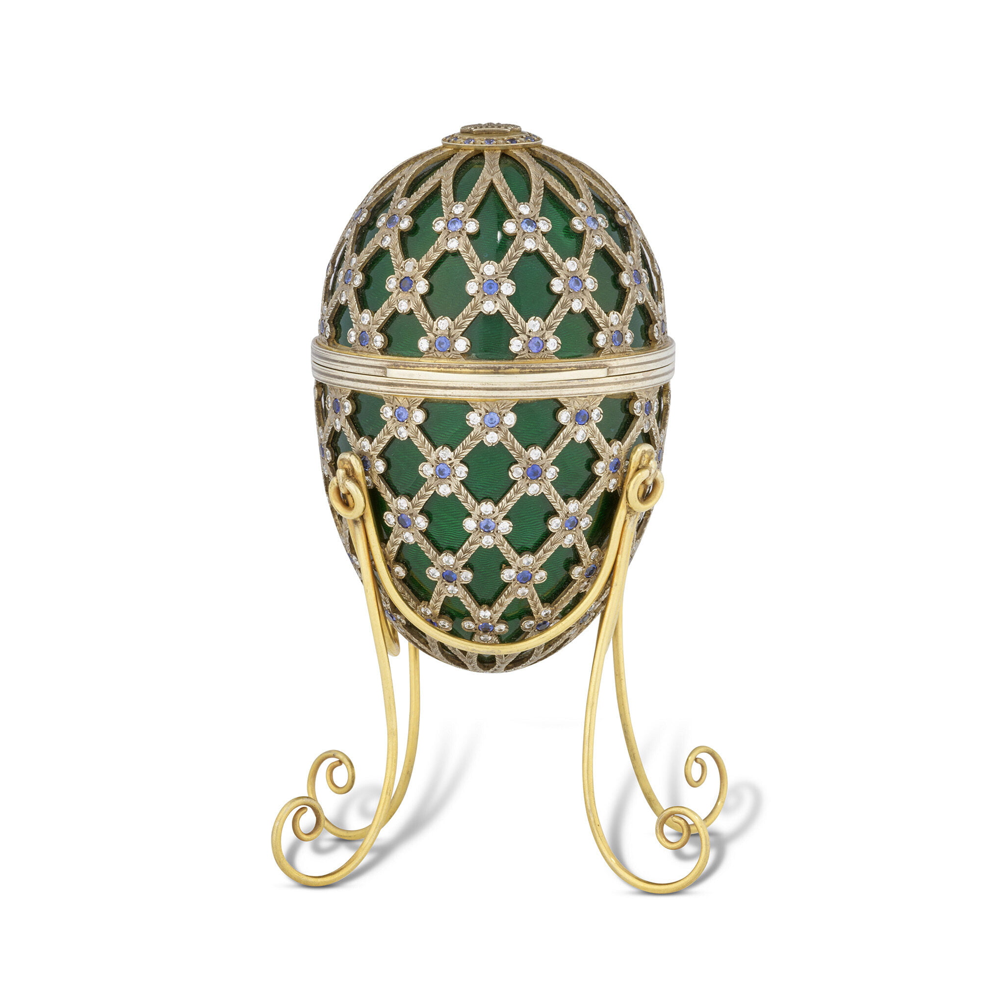 OCTOPUSSY (1983) A SWAROVSKI CRYSTAL-MOUNTED, GREEN ENAMEL AND GOLD-PLATED PROP EGG COMMISSIONED FROM ASPREY, LONDON