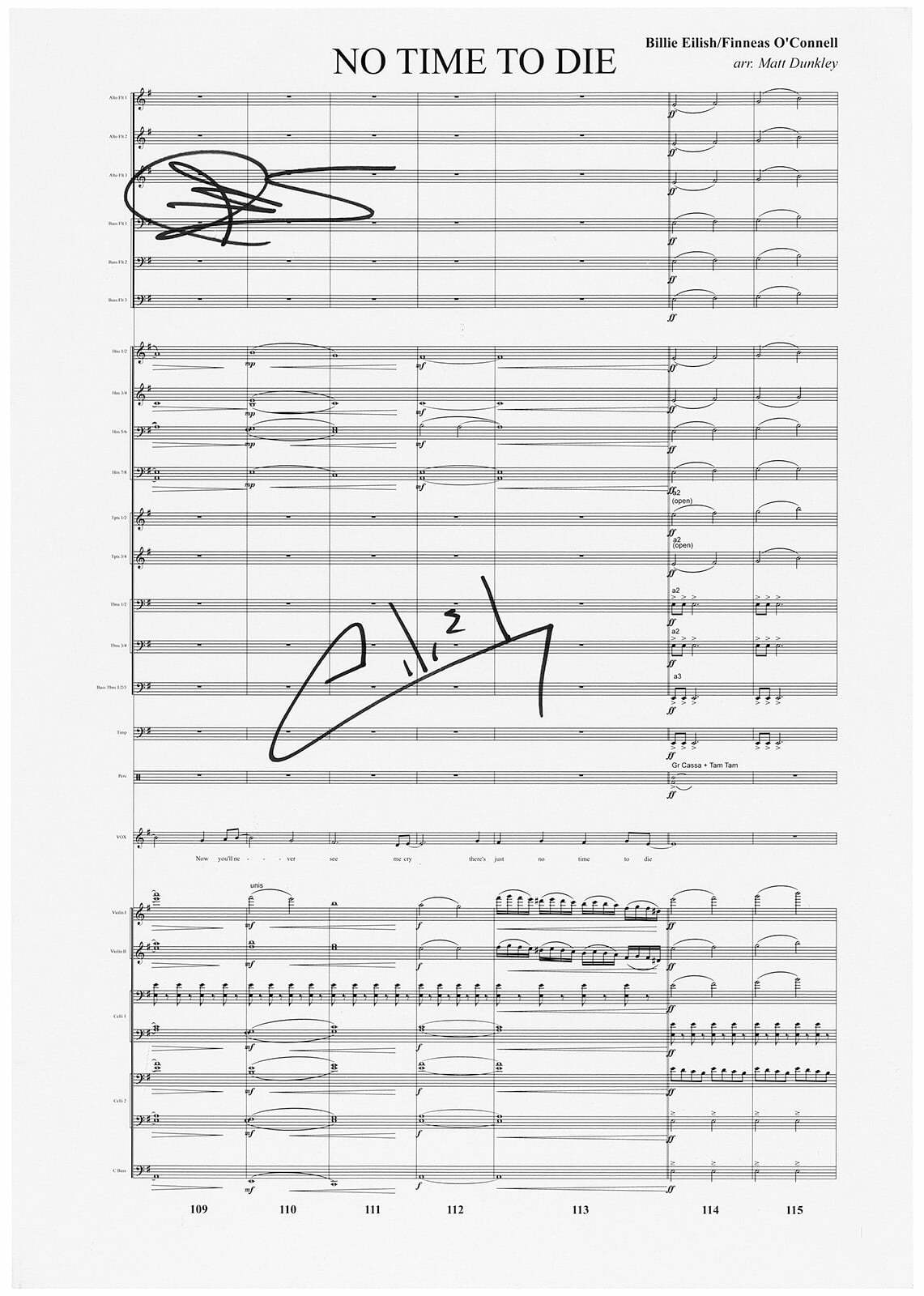NO TIME TO DIE (2021) NO TIME TO DIE SONG PAGE WITH LYRICS SIGNED BY BILLIE EILISH AND FINNEAS O'CONNELL AND NO TIME TO DIE THEME MUSIC SHEET SIGNED BY HANS ZIMMER, STEVE MAZZARO AND JOHNNY MARR