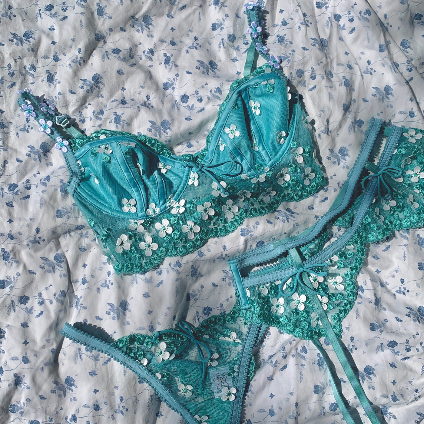 For Love and Lemons For Victoria's Secret Fall 2022 daisy embroidered longline bra, panty, garter belt