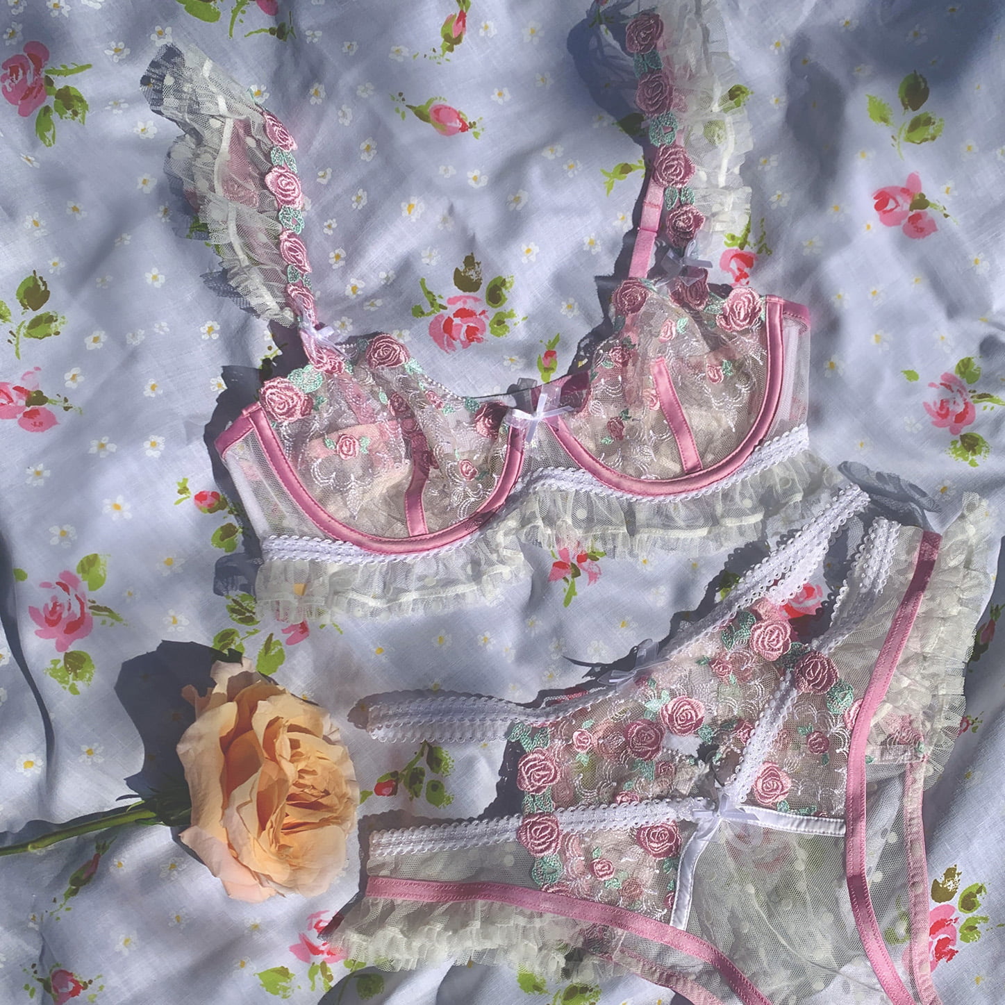 For Love and Lemons For Victoria's Secret Fall 2022 pointelle roses bra, panty