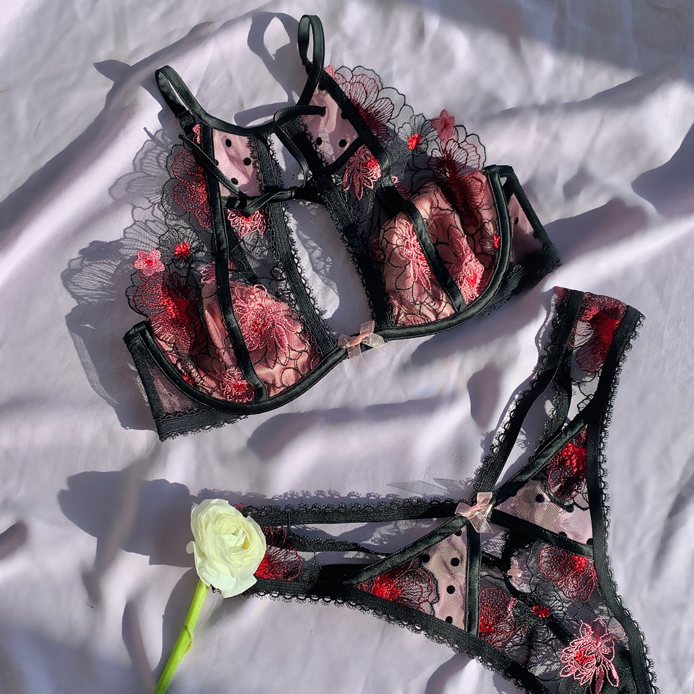 For Love and Lemons For Victoria's Secret Fall 2022 zinnia embroidered high neck bra, highwaist thong