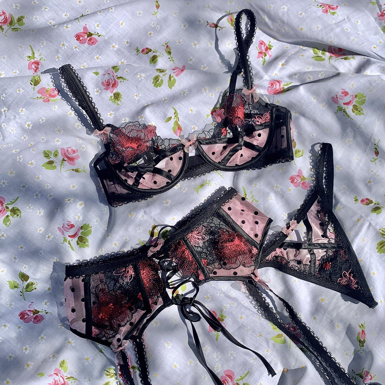 For Love and Lemons For Victoria's Secret Fall 2022 zinnia embroidered high neck bra, highwaist thong, garter belt