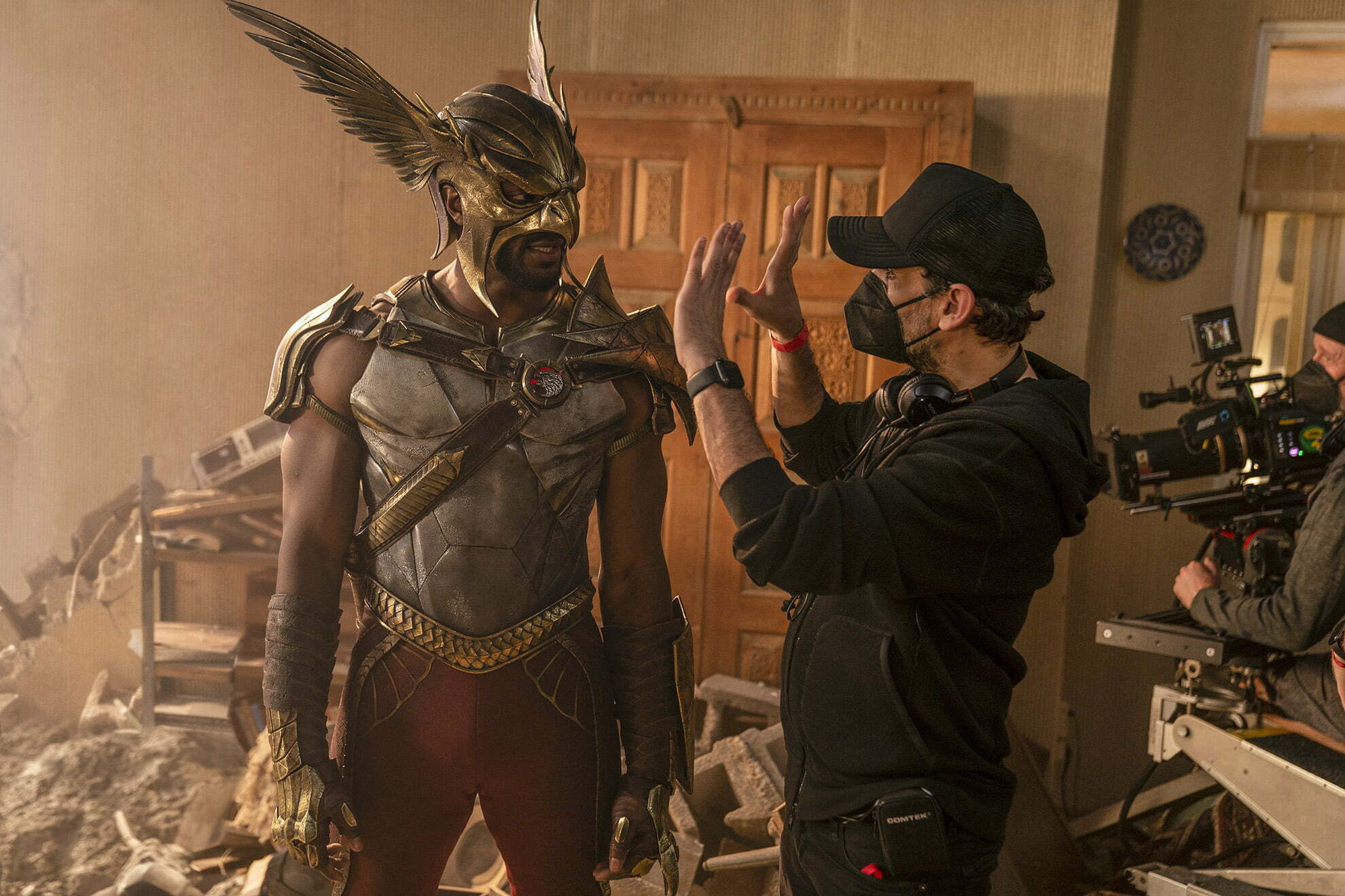 (L-r) ALDIS HODGE and Director JAUME COLLET-SERRA on the set of New Line Cinema’s action adventure “BLACK ADAM,” a Warner Bros. Pictures release.