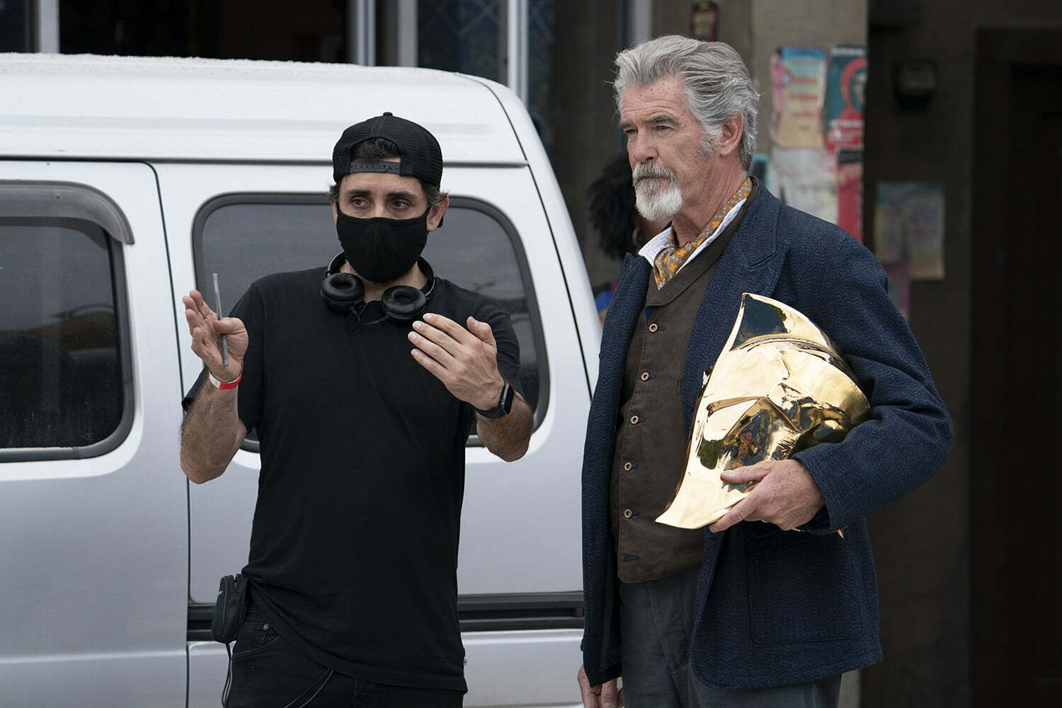  (L-r) Director JAUME COLLET-SERRA and PIERCE BROSNAN on the set of New Line Cinema’s action adventure “BLACK ADAM,” a Warner Bros. Pictures release.