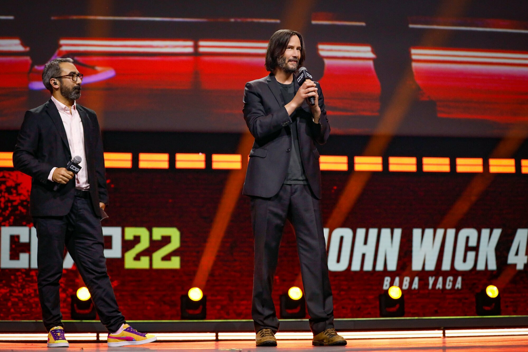 SAO PAULO, BRAZIL - DECEMBER 03: Keanu Reeves speaks during a panel of John Wick 4 at the Thunder Stage with Marcelo Forlani at Sao Paulo Expo on December 03, 2022 in Sao Paulo, Brazil. 
