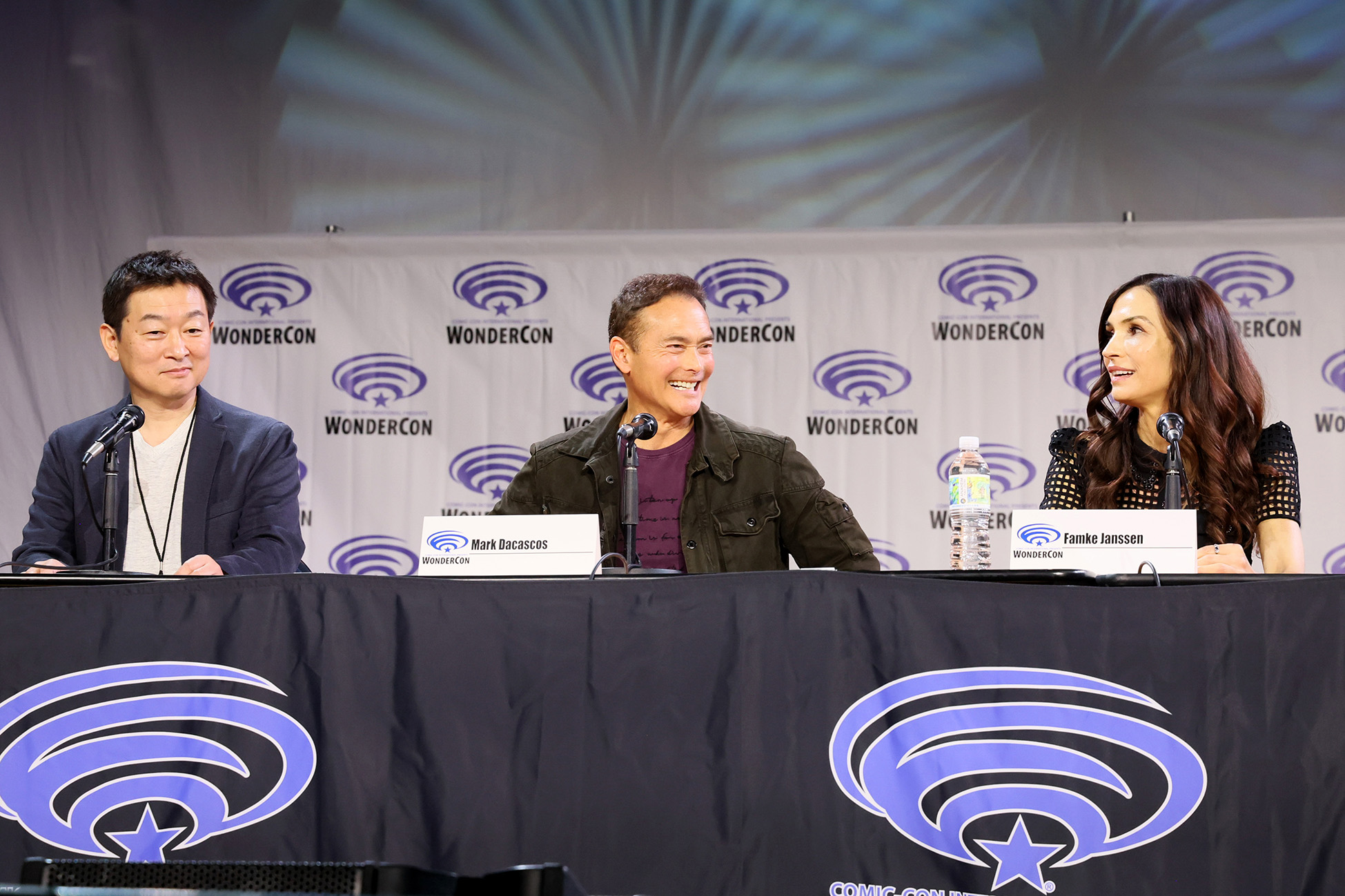Anaheim, CA - March 24, 2023: Yoshi Ikezawa, Producer, Mark Dacascos and Famke Janssen attend the WONDERCON panel for Stage 6 Films and Toei Animation KNIGHTS OF THE ZODIAC at the Anaheim Convention Center.