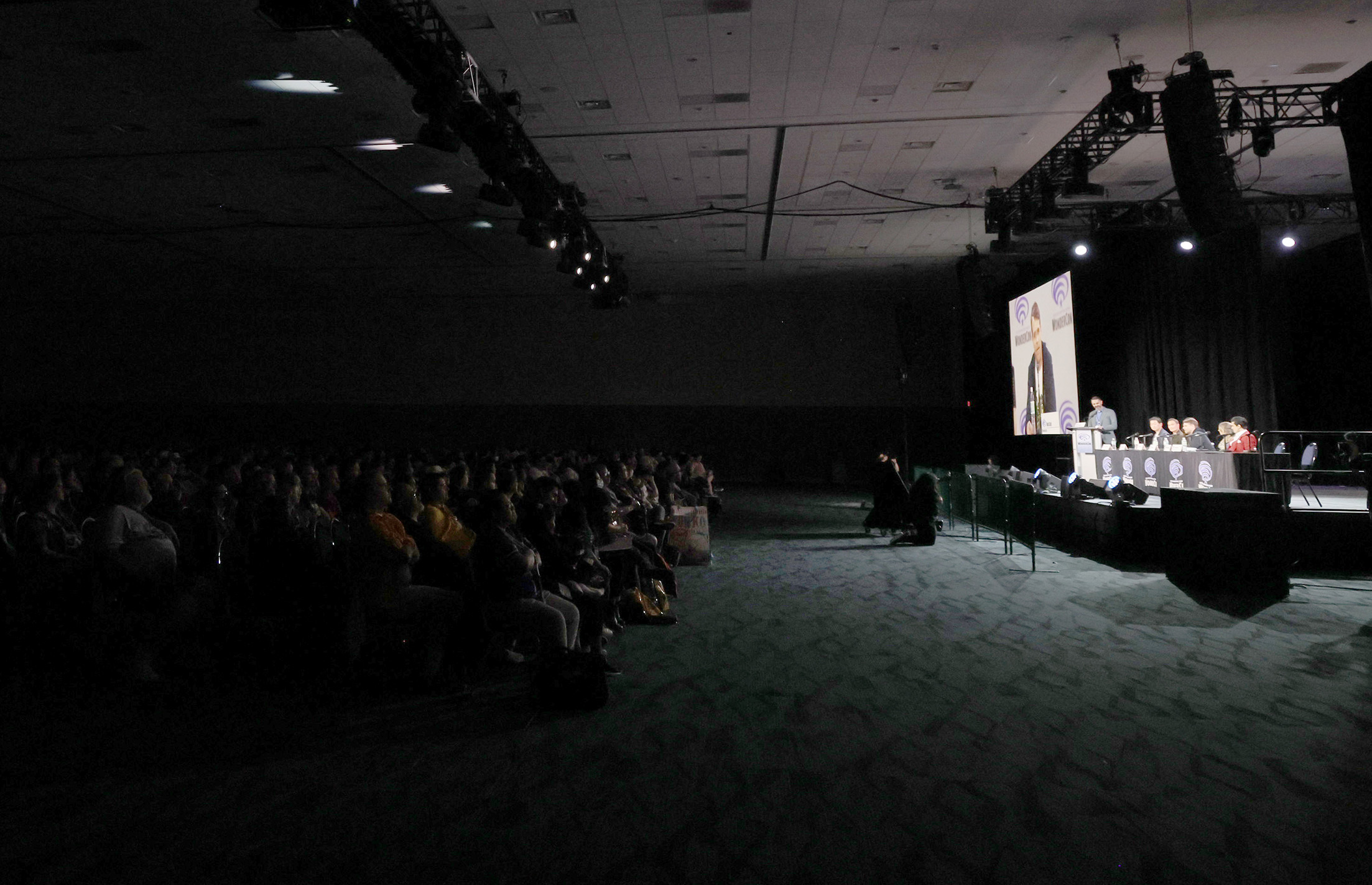 Anaheim, CA - March 24, 2023: Moderator Dan Larson, Yoshi Ikezawa, Producer, Mark Dacascos, Famke Janssen, Nick Stahl, Madison Iseman and Diego Tinoco attend the WONDERCON panel for Stage 6 Films and Toei Animation KNIGHTS OF THE ZODIAC at the Anaheim Convention Center.