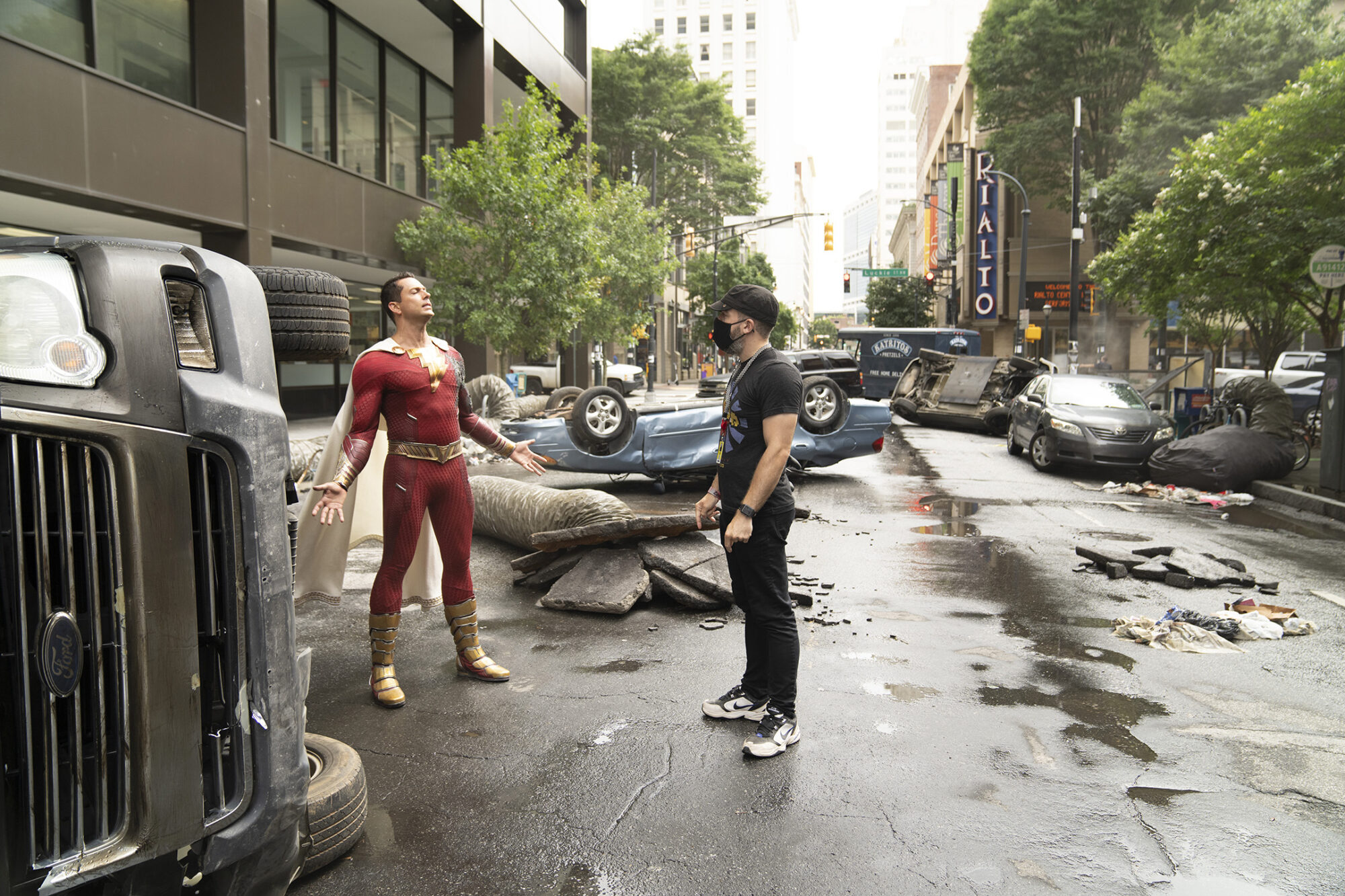 (L-R) Zachary Levi and Director DAVID SANDBERG on the set of New Line Cinema’s action adventure “SHAZAM! FURY OF THE GODS,” a Warner Bros. Pictures release.
