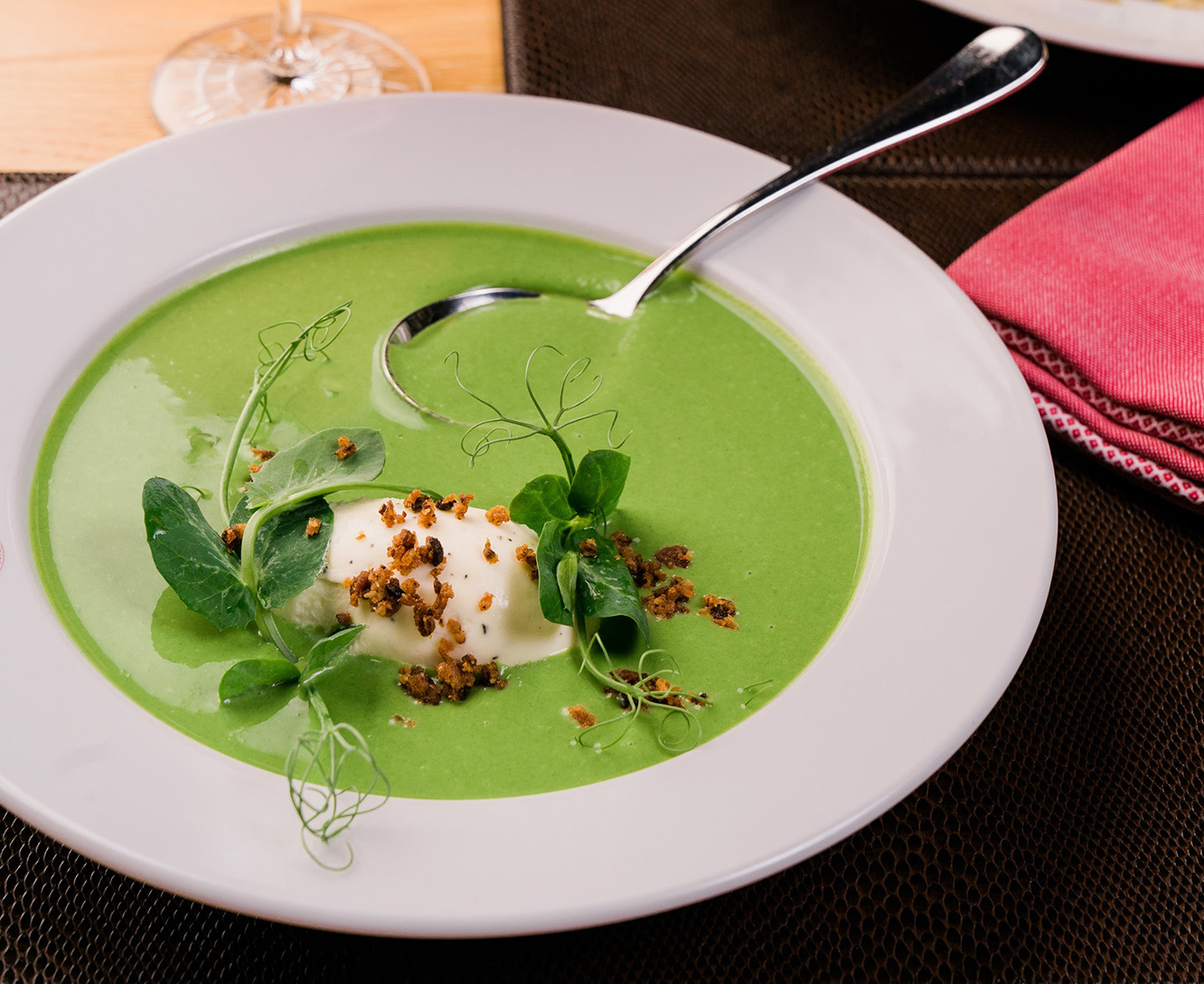 db Bistro English Pea Soup, Smoked Bacon, Rosemary Cream